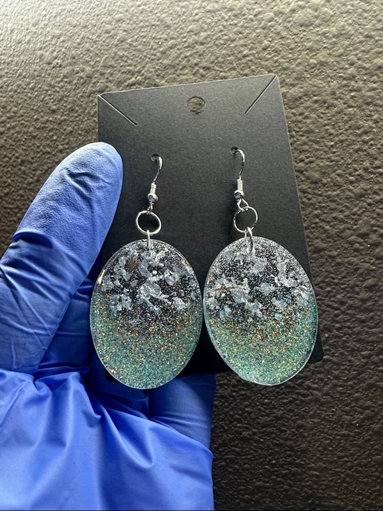 Jewelry - Glitter Ombre Oval Dangle Earrings - Teal Green & Silver